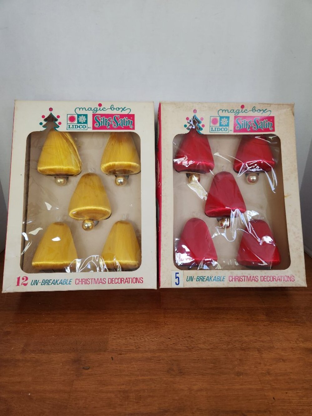 Vintage Lidco Silk Satin Sheen Bell Pyramid Christmas Ornaments Pink Gold 1960s